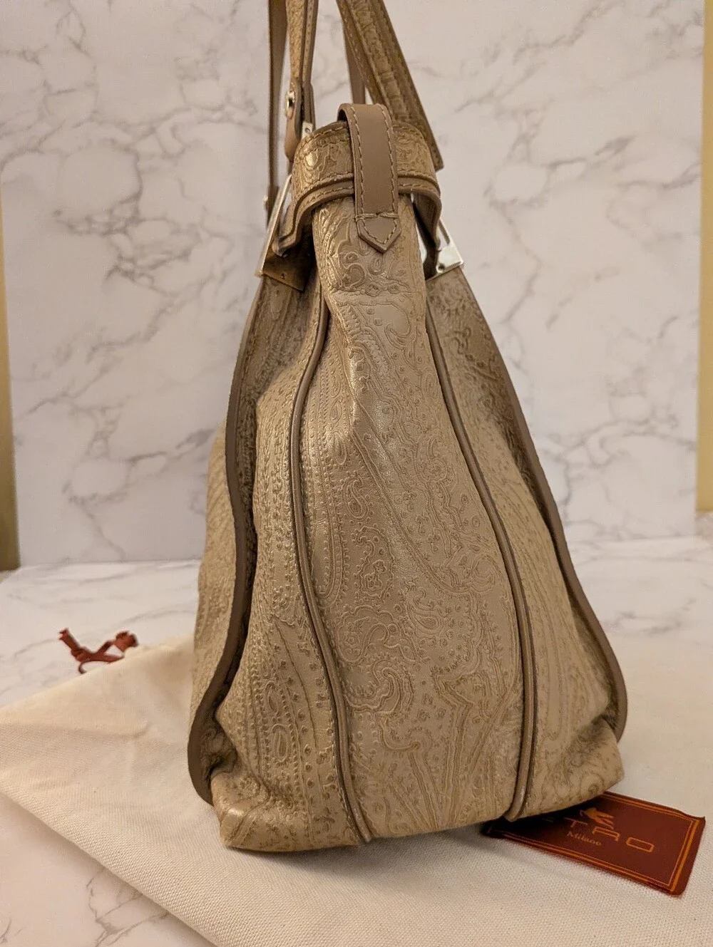 Etro Taupe Paisley-Embossed Leather Shoulder Bag With Dust Bag